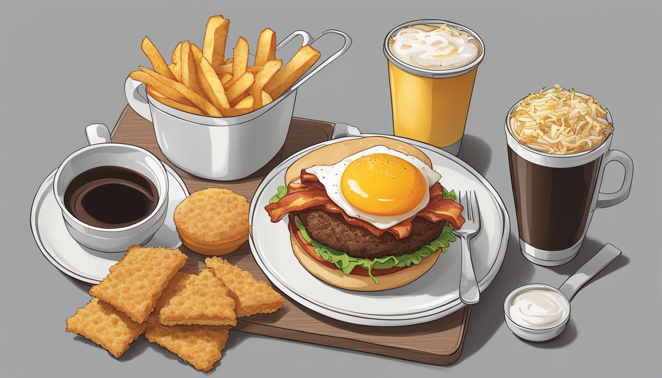 A mouth-watering spread of Carl's Jr. breakfast items, including a juicy burger with bacon, egg, and cheese, alongside crispy hash browns and a steaming cup of coffee