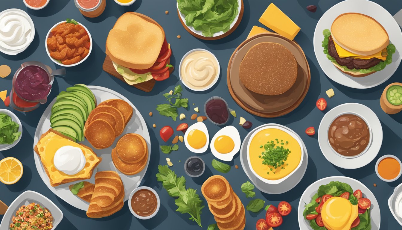 A colorful spread of diverse breakfast items with a deconstructed Beyond Burger at the center, surrounded by various ingredients and condiments