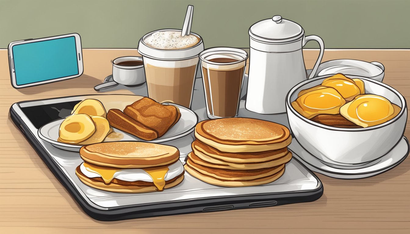 A table with a breakfast spread including coffee, pancakes, and eggs, with a smartphone displaying the Carl's Jr. Rewards program on the screen