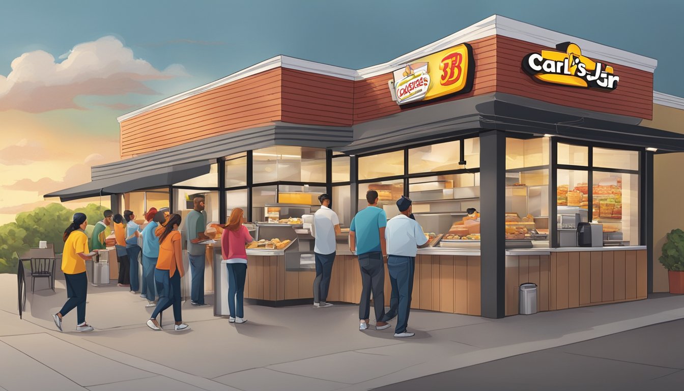 A bustling Carl's Jr. restaurant with a line of customers ordering customizable breakfast sandwiches and burritos. The staff is busy preparing fresh ingredients and serving hot coffee