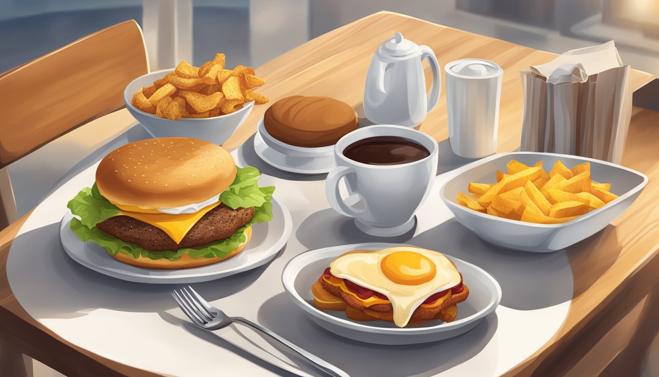 A table set with a Carl's Jr. breakfast sandwich, surrounded by a warm, inviting atmosphere with attentive service