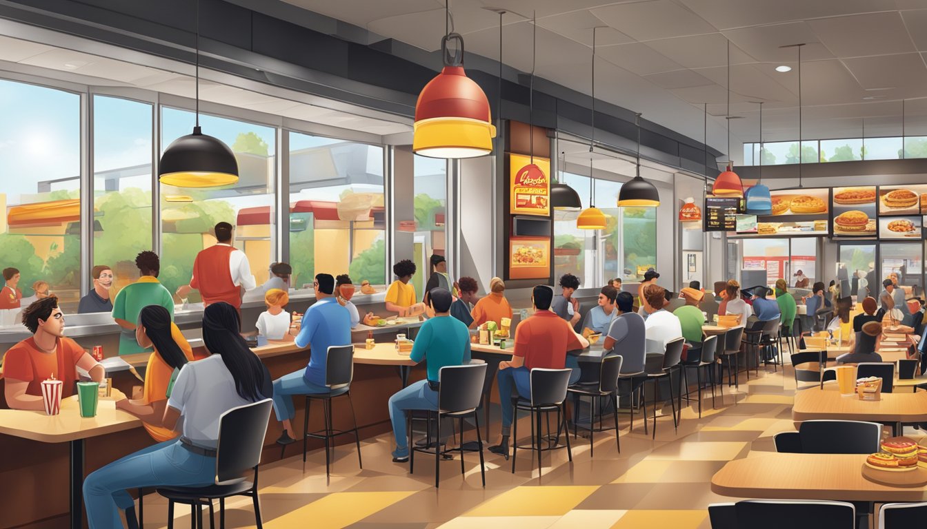 A bustling Carl's Jr. restaurant with a line of customers eagerly ordering breakfast items. The vibrant branding and inviting atmosphere create a memorable customer experience