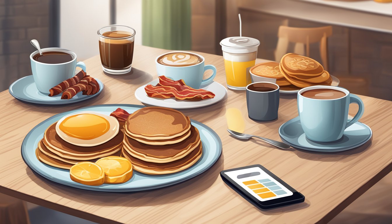 A table with a breakfast spread including coffee, pancakes, and bacon. A loyalty card and mobile app displayed next to the food