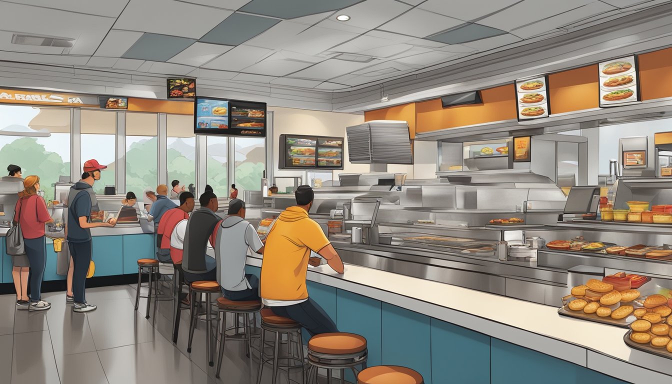 A bustling Carl's Jr. restaurant during breakfast hours, with a line of customers ordering and enjoying their morning meals. Staff efficiently preparing and serving food