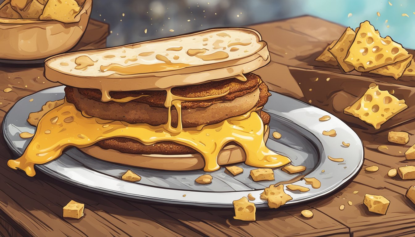 A sizzling breakfast sandwich sits on a rustic wooden table, surrounded by scattered crumbs and a dollop of melted cheese oozing out from between the layers