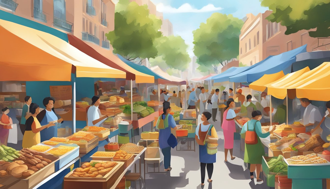 A bustling international street market with diverse food vendors, featuring a colorful array of breakfast items from around the world