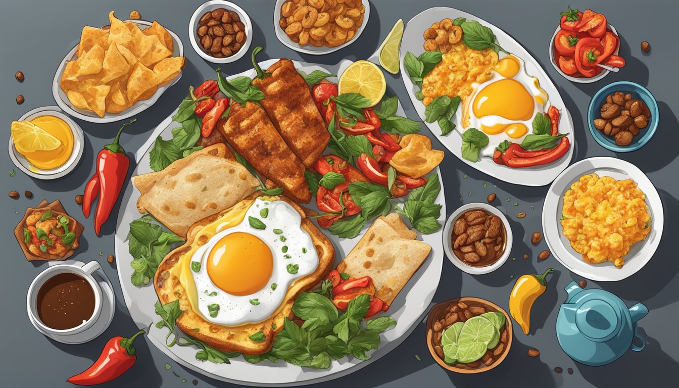 A sizzling breakfast platter featuring ghost pepper-infused dishes, surrounded by a flurry of likes, shares, and comments on various social media platforms