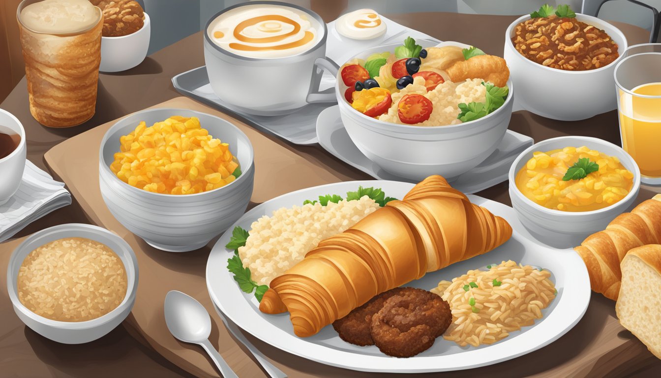 A table set with various international breakfast items, including croissants, rice porridge, and breakfast burritos, with a Carl's Jr. logo in the background