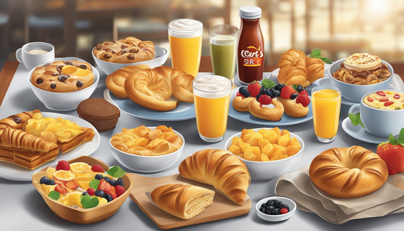 A table set with international breakfast items, including pastries, fruit, and diverse dishes, with the Carl's Jr. logo in the background