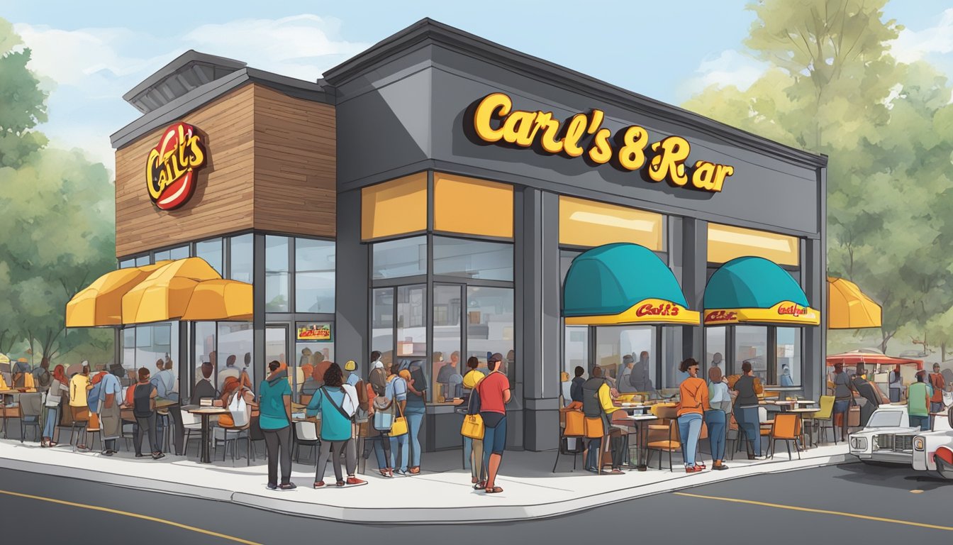 A bustling Carl's Jr. restaurant with a line of customers out the door, all wearing branded merchandise. The social media buzz is evident as people eagerly wait for their viral breakfast items