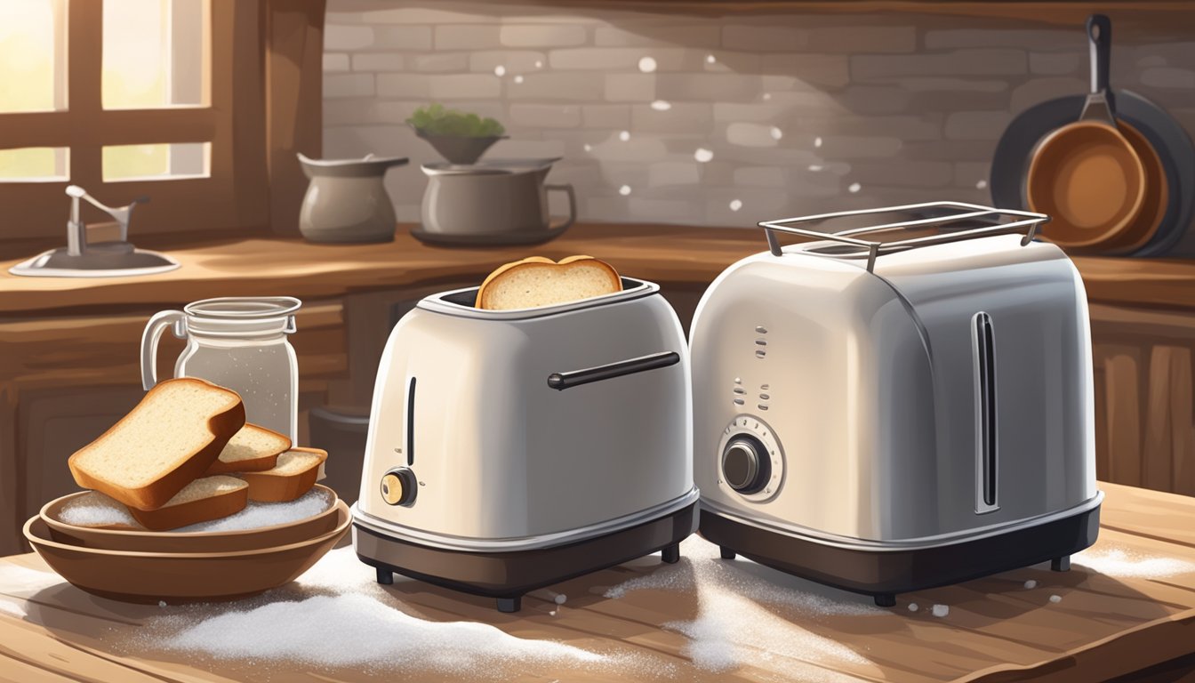 A rustic kitchen with a wooden table covered in flour, a bowl of bubbling sourdough starter, and a vintage toaster with perfectly toasted bread