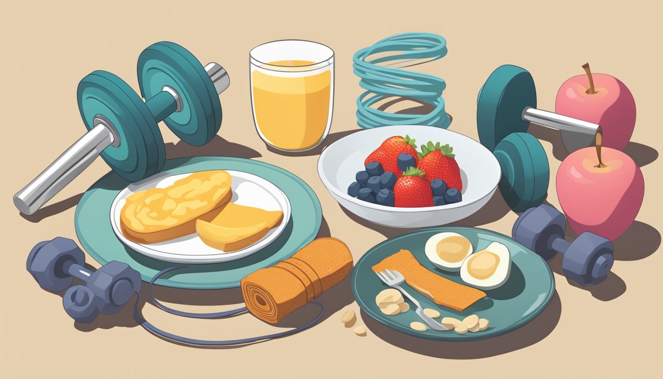 A person's breakfast plate surrounded by workout equipment, such as dumbbells, a yoga mat, and running shoes, symbolizing the balance between indulgence and an active lifestyle