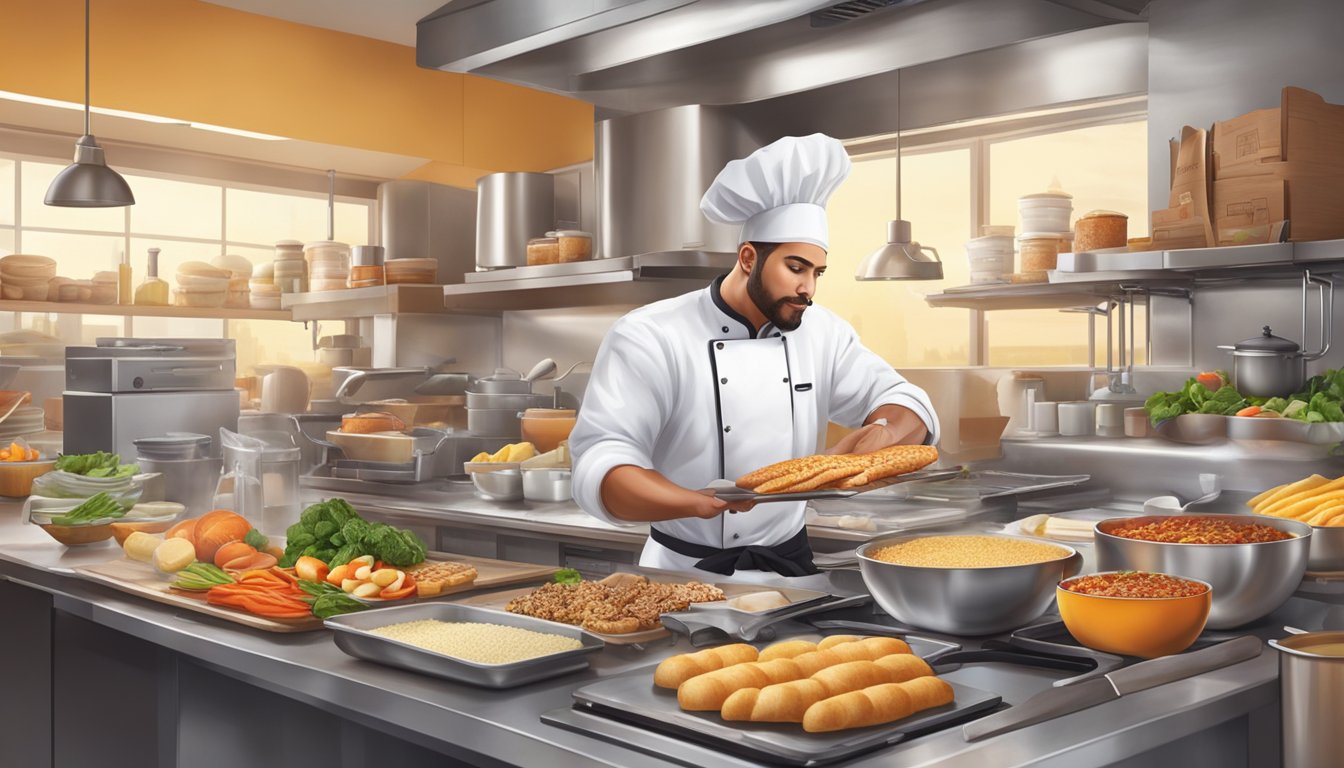 A chef in a bustling kitchen, surrounded by fresh ingredients and cooking equipment, creating new breakfast items for Carl's Jr