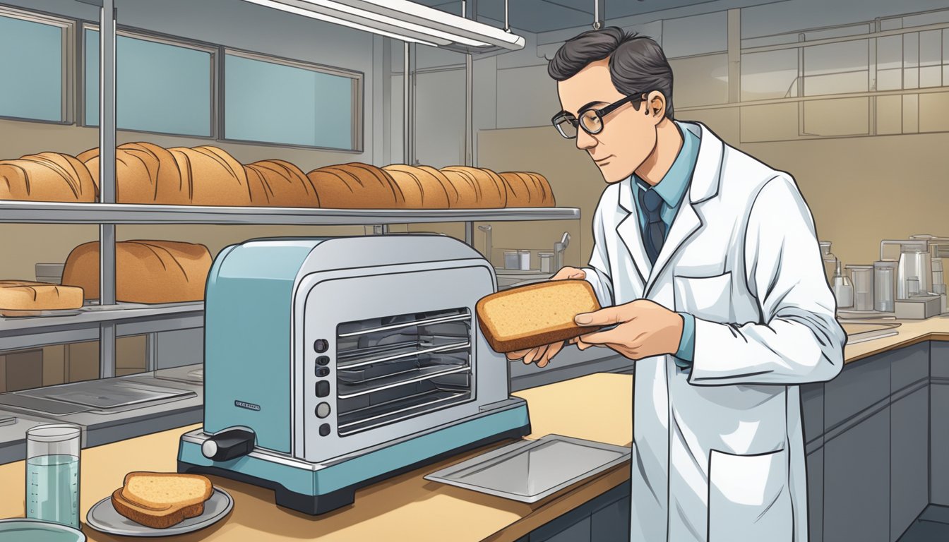 A scientist carefully observes a toaster as it perfectly toasts a slice of bread in a laboratory setting