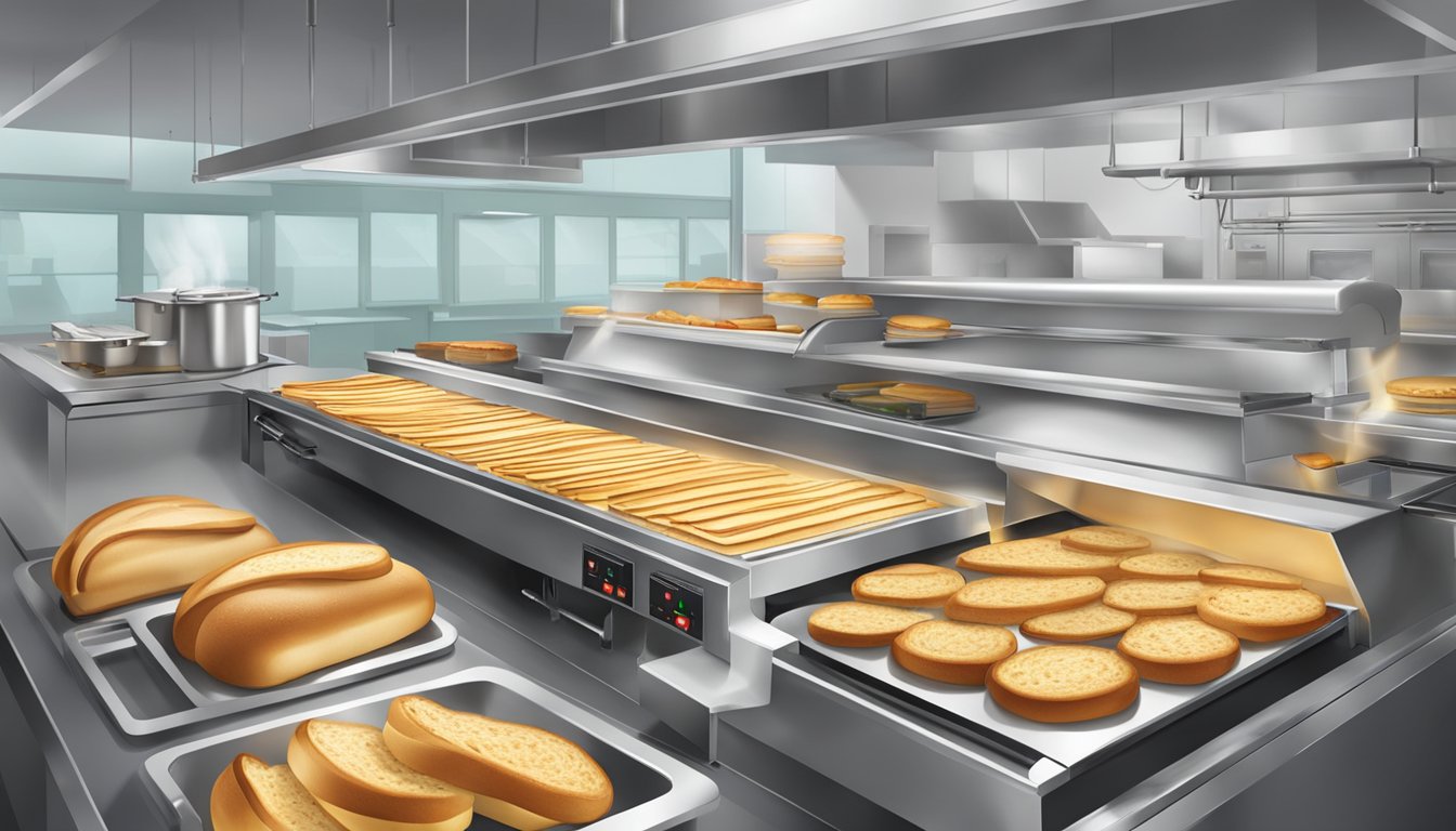 A bustling fast-food kitchen with a conveyor toaster producing perfectly golden slices of bread for sandwiches