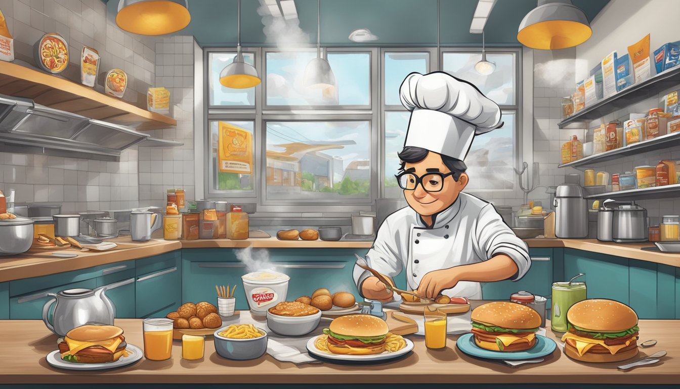 An illustrator could recreate a scene of a chef brainstorming and sketching new breakfast items at a Carl's Jr. restaurant, surrounded by ingredients and cooking utensils