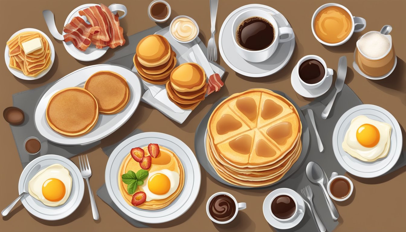 A table set with a variety of breakfast items, including pancakes, eggs, bacon, and coffee, arranged in an appetizing manner