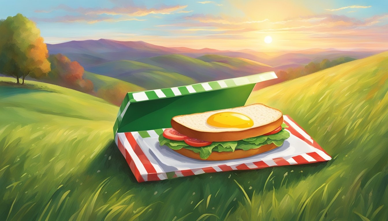 A colorful sunrise over a rolling green hill, with a small red and white striped box popping open to reveal a steaming hot breakfast sandwich