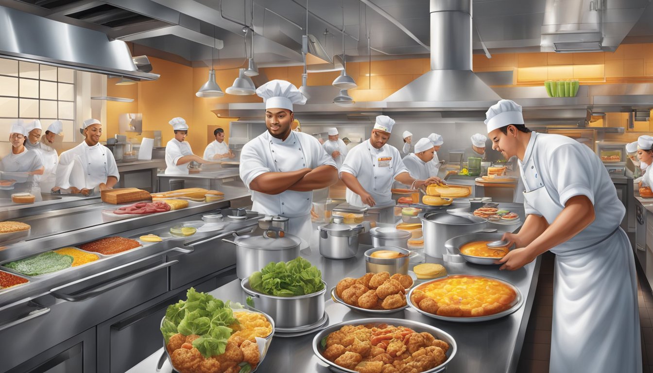 A bustling kitchen at Carl's Jr. with chefs creating colorful and appetizing breakfast items, surrounded by fresh ingredients and cooking utensils