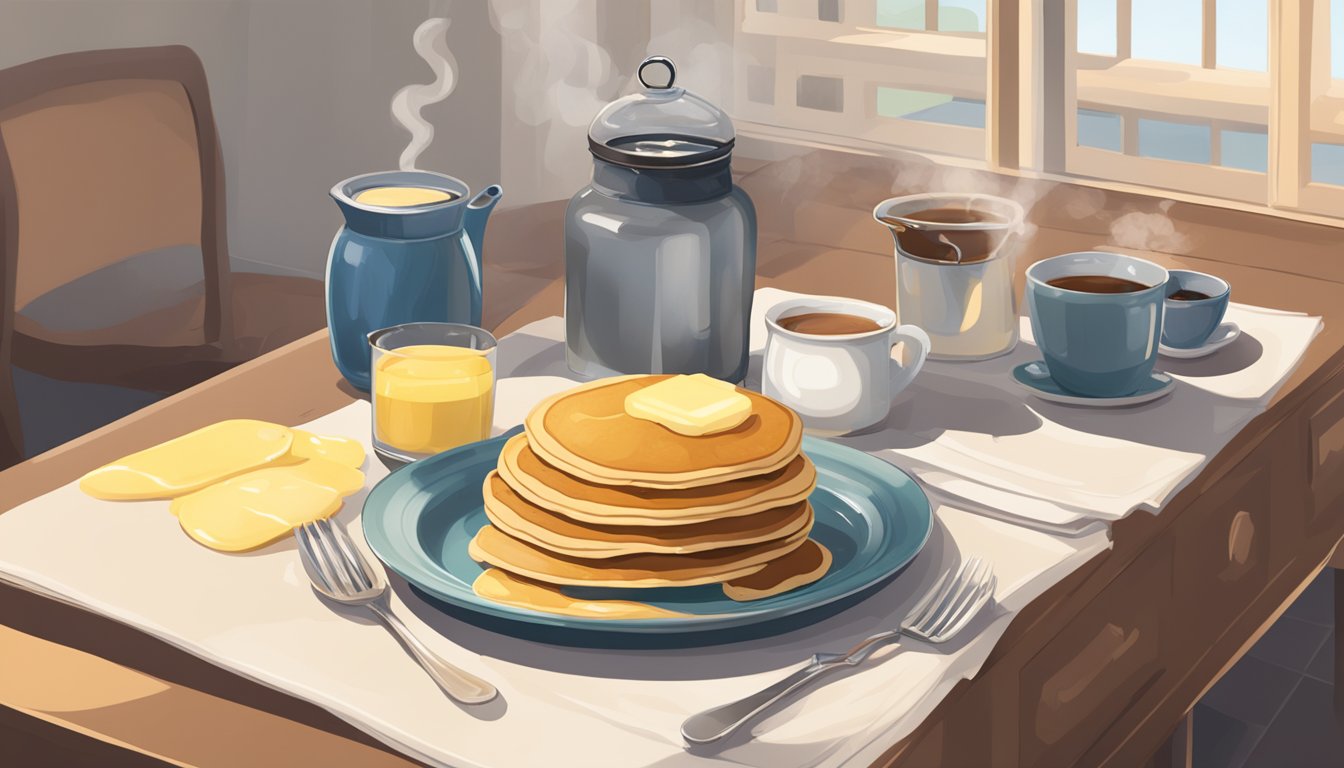 A table set with a steaming plate of pancakes, a jar of syrup, and a pat of melting butter. A cup of coffee sits nearby