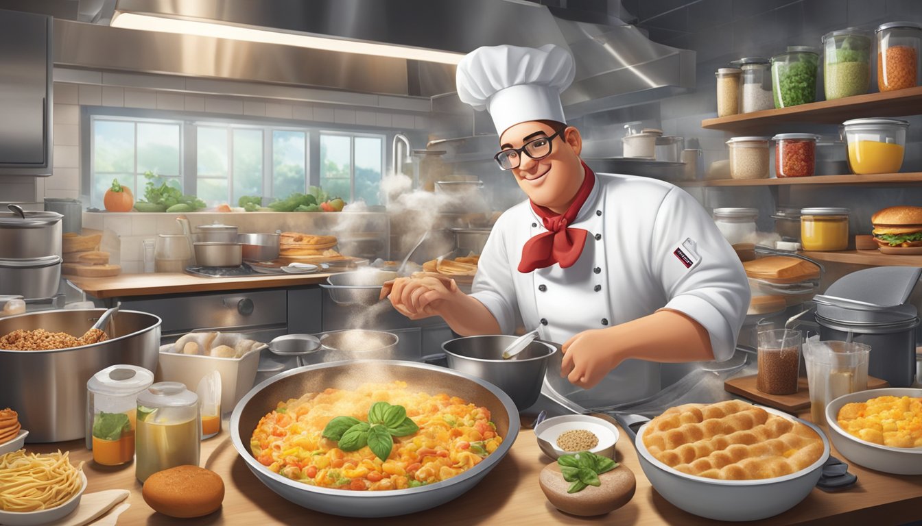 A chef in a bustling kitchen, surrounded by ingredients and cooking utensils, creating new breakfast items for Carl's Jr. A variety of sweet and savory dishes and beverages are being prepared