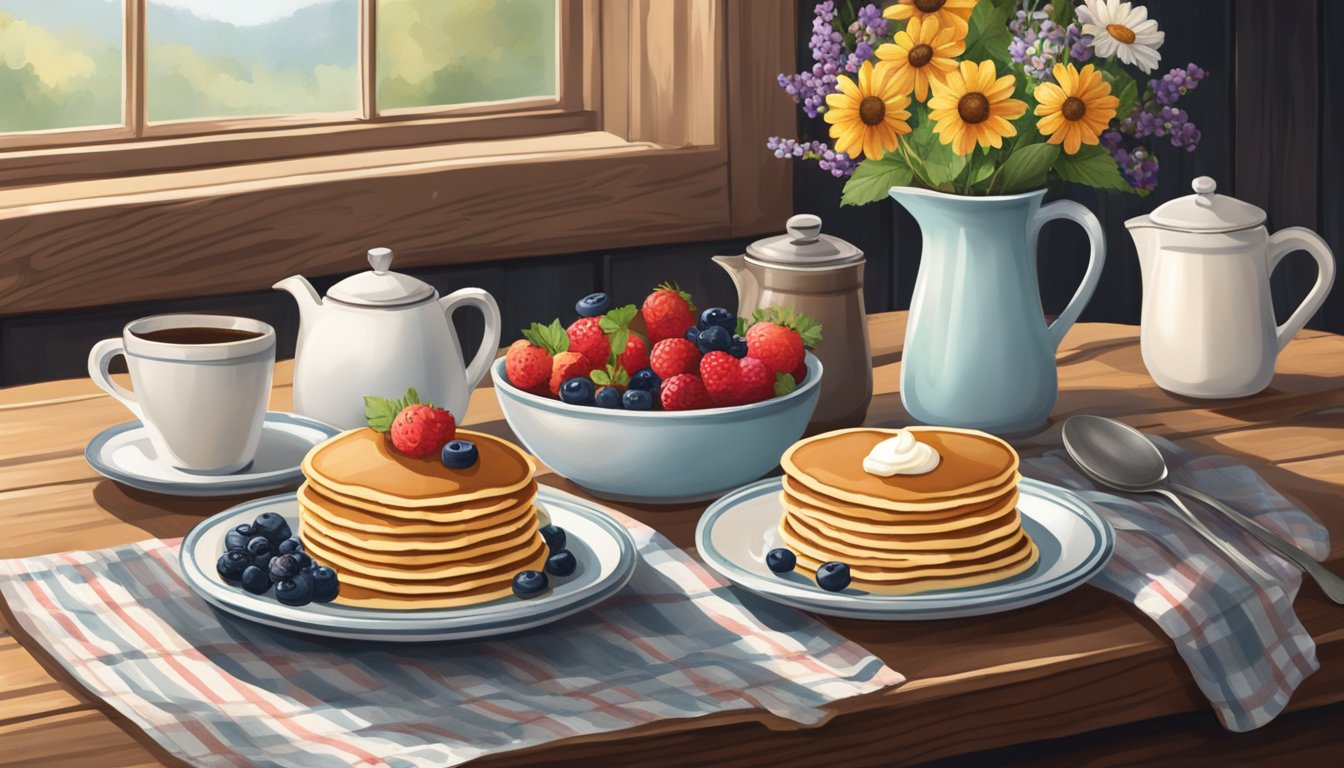 A rustic farmhouse kitchen with a steaming plate of pancakes, fresh berries, and a dollop of whipped cream, set on a wooden table with a vintage coffee mug and a vase of wildflowers