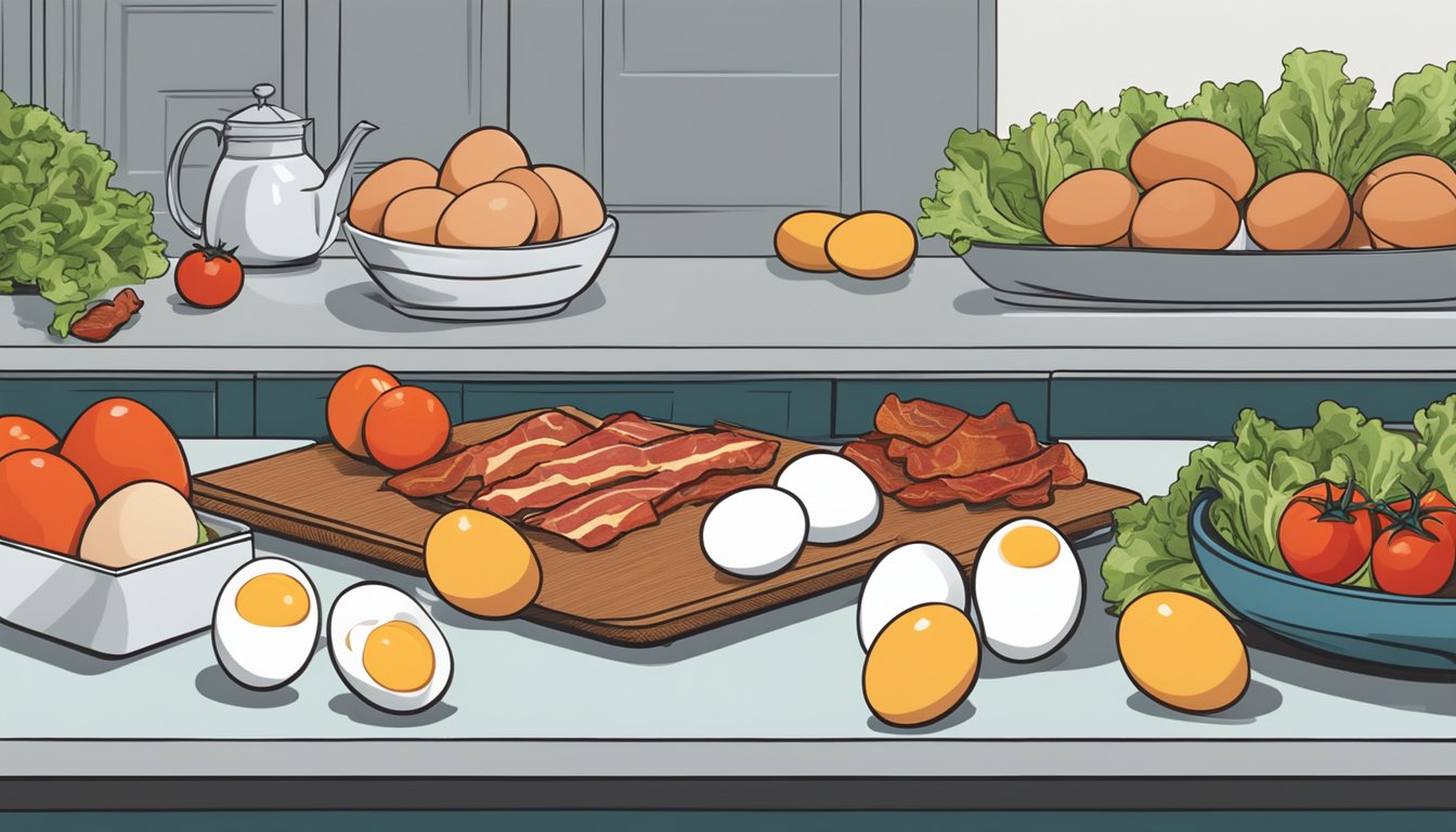 A colorful array of farm-fresh eggs, crisp bacon, ripe tomatoes, and vibrant lettuce arranged on a clean, modern countertop