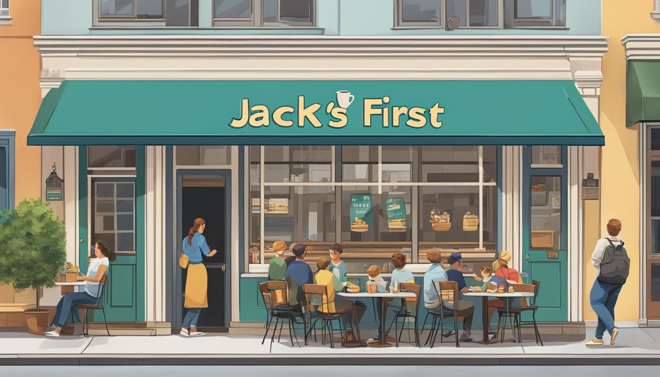 A bustling breakfast cafe with a line of customers out the door, a sign reading "Jack's First Breakfast Item" displayed prominently in the window