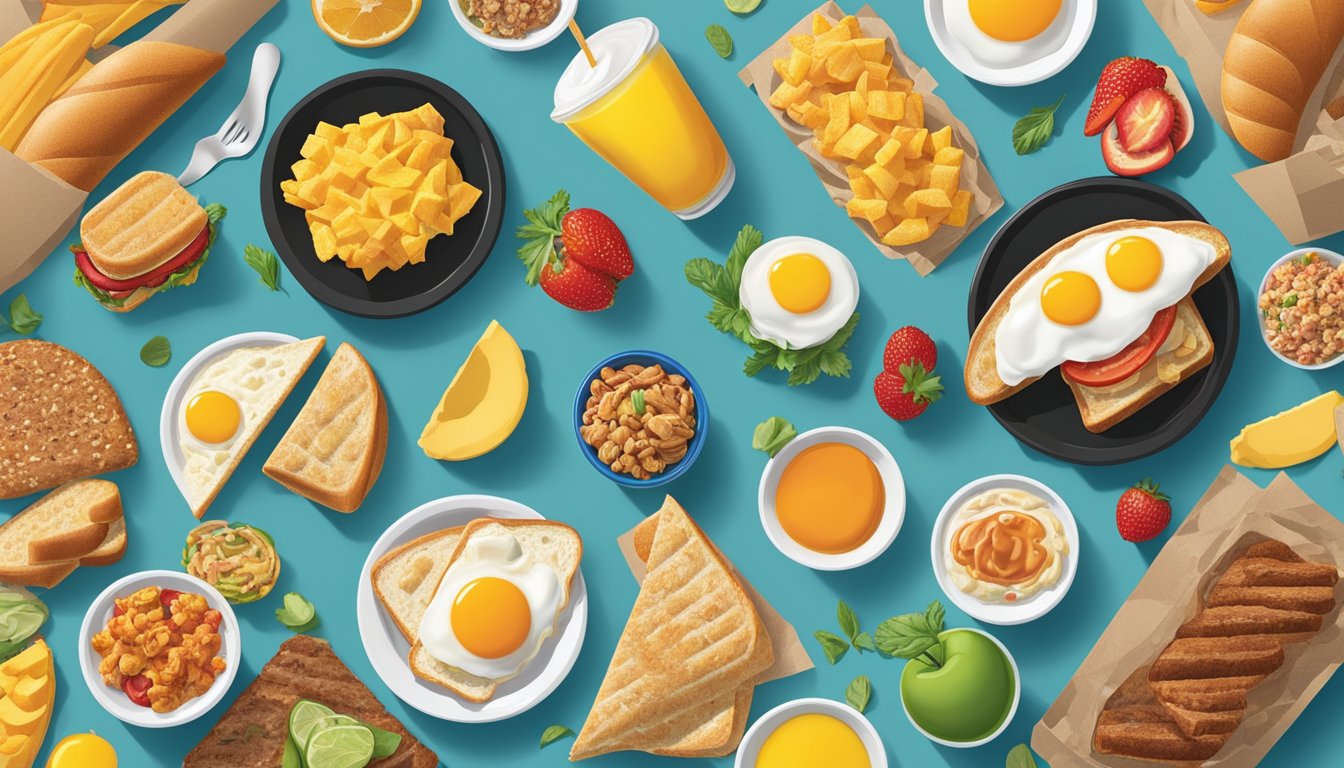 A colorful spread of fresh breakfast ingredients arranged around a bold title, showcasing the variety and quality of Carl's Jr. breakfast options