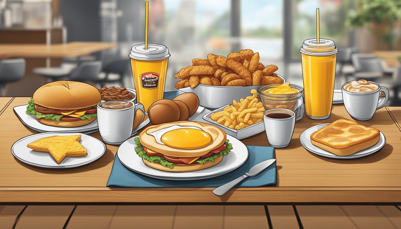 A table set with classic breakfast items transforms into modern options, symbolizing the evolution of Carl's Jr.'s breakfast menu for new generations