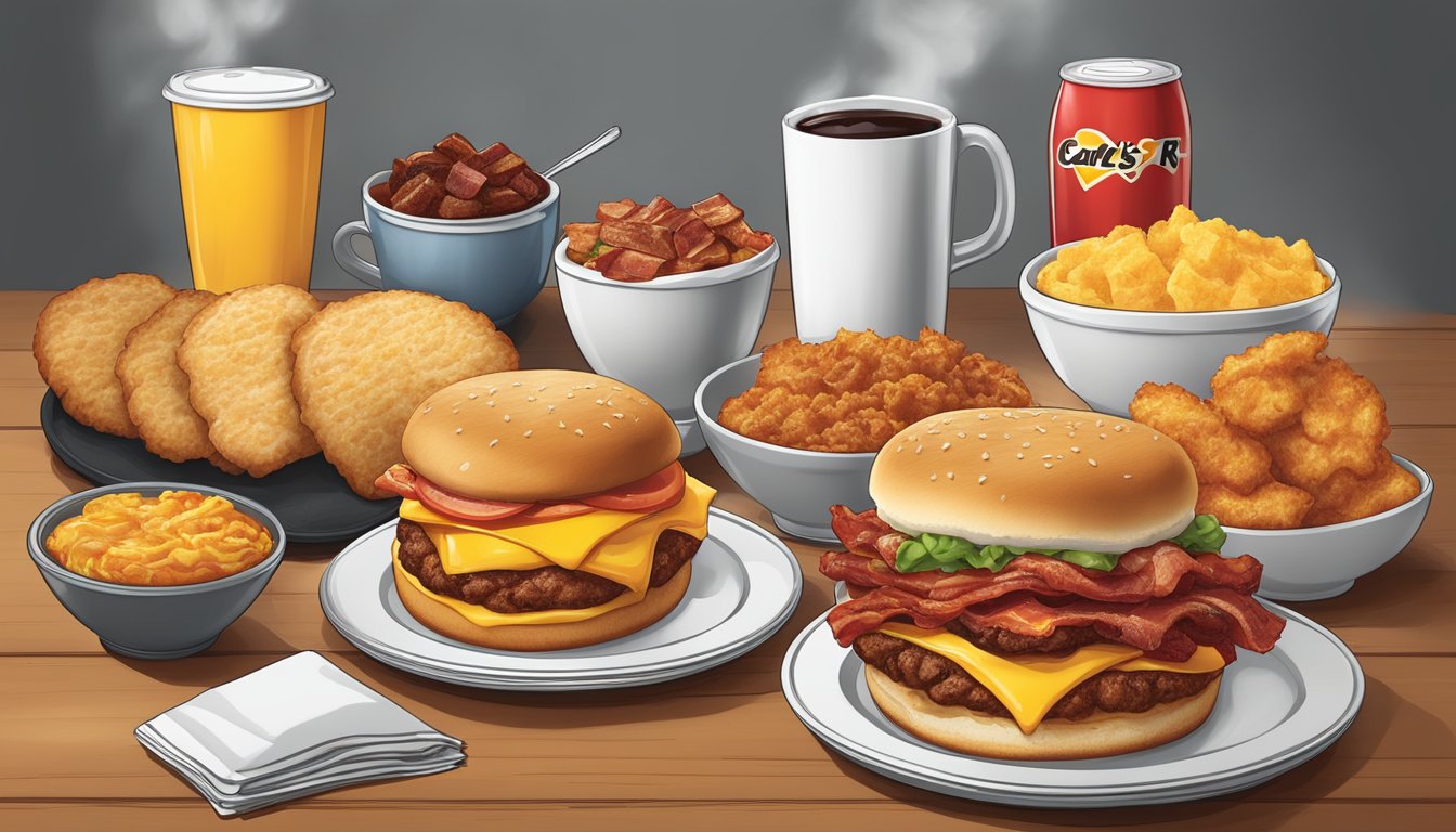 A mouth-watering breakfast spread featuring a variety of delicious items from Carl's Jr., including hot, fresh biscuits, sizzling bacon, and golden hash browns