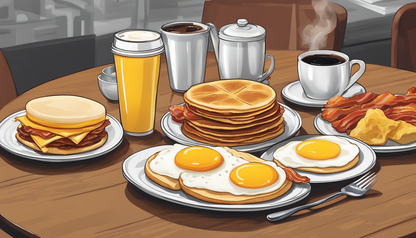 A table set with a spread of classic breakfast items, including eggs, bacon, pancakes, and coffee, with the iconic Carl's Jr. logo in the background