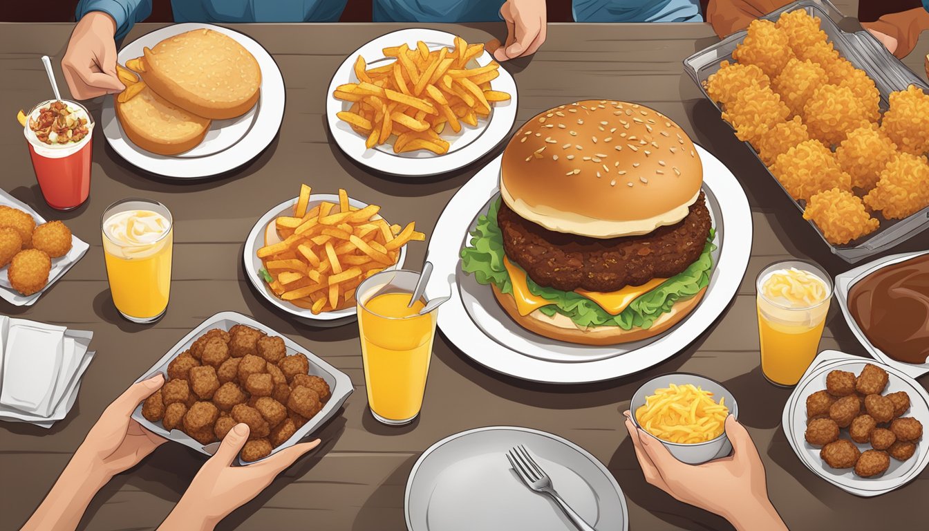 A table set with a mouthwatering spread of Carl's Jr. breakfast items, including a juicy burger and crispy hash browns, surrounded by smiling customers