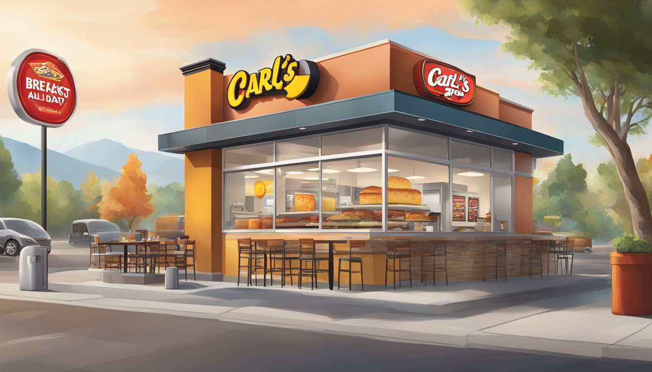 A bustling Carl's Jr. restaurant with a prominent "Breakfast All Day" sign, showcasing a mix of traditional and modern breakfast items