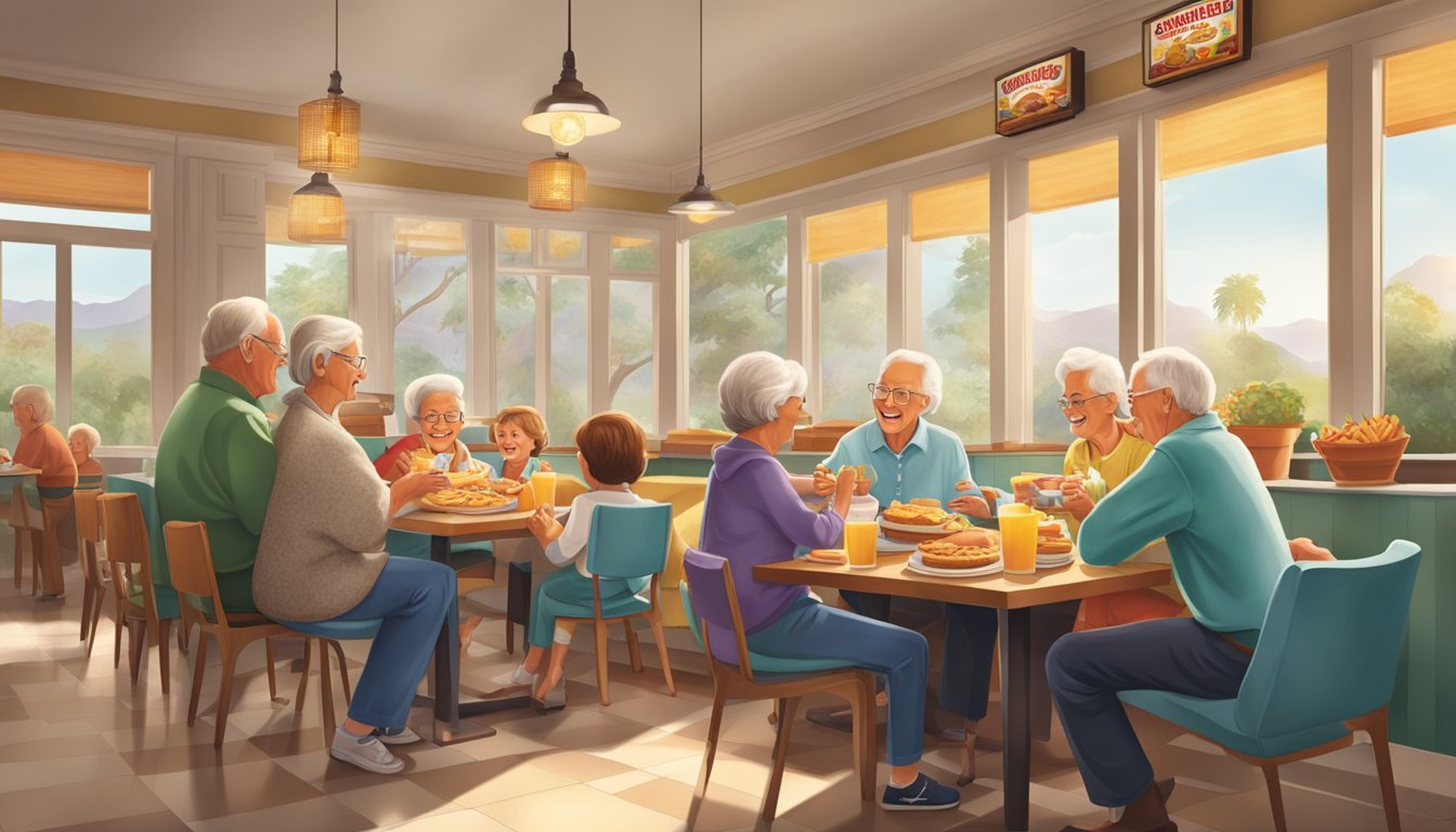 A family enjoying a breakfast spread at Carl's Jr. with grandparents passing on the tradition to their grandchildren, creating a warm and nostalgic atmosphere