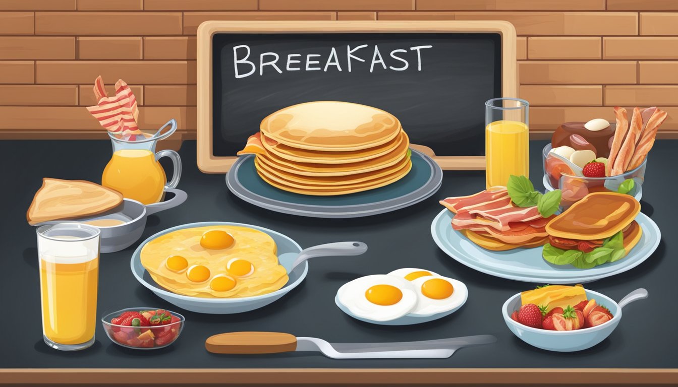 A colorful chalkboard displays a variety of breakfast items, including pancakes, eggs, bacon, and fresh fruit. A chef's hat and spatula sit on the counter