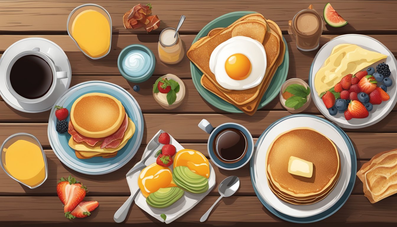 A colorful array of breakfast foods and drinks displayed on a rustic wooden table. Fruits, pancakes, eggs, bacon, and coffee are arranged attractively