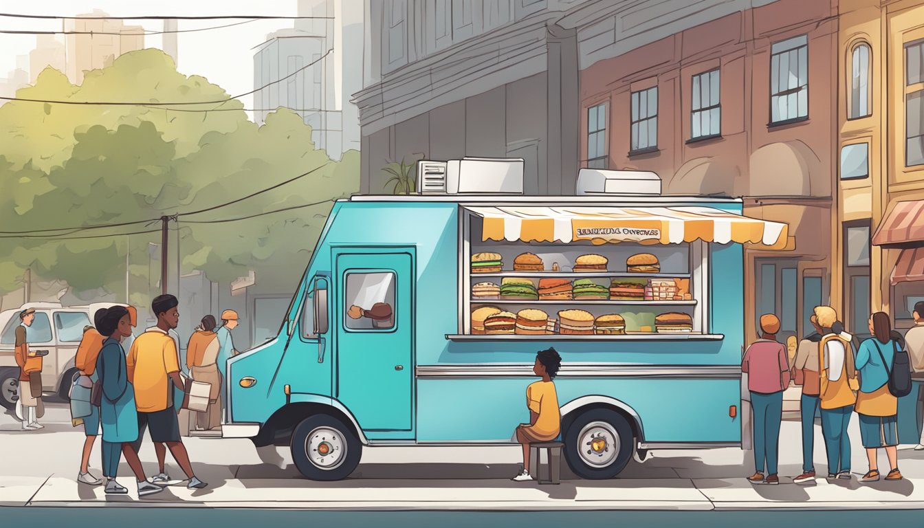 A bustling food truck with a colorful menu board and a line of customers waiting to order breakfast sandwiches and biscuits