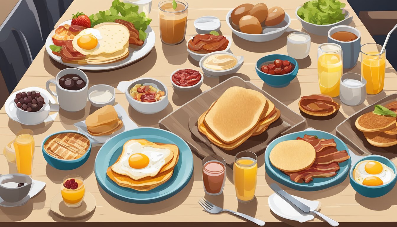 A table with a variety of breakfast items spread out, including eggs, bacon, pancakes, fruit, and toast, with condiments and beverages on the side