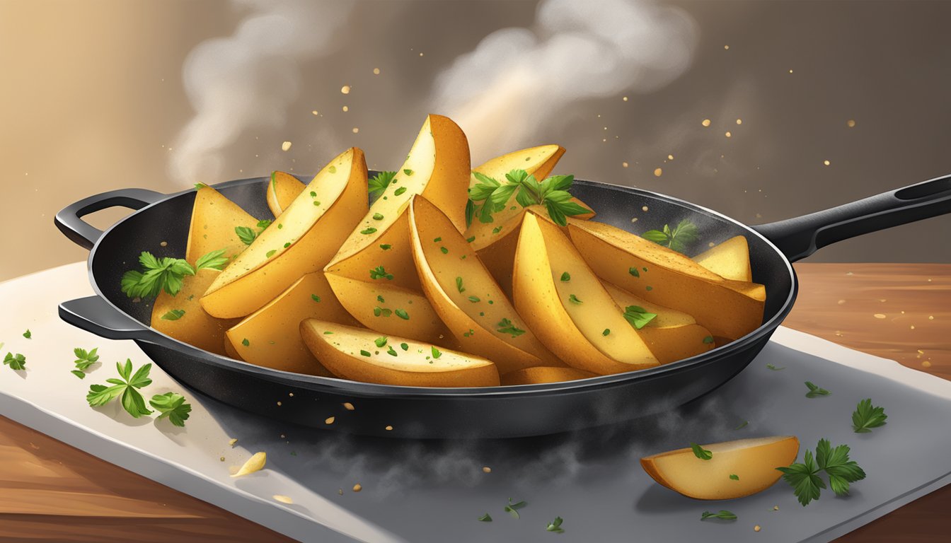 A sizzling skillet of golden potato wedges with a sprinkling of herbs and spices, steam rising from the crispy edges