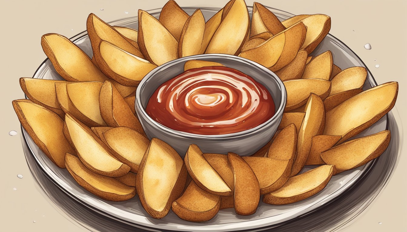 A plate of golden-brown potato wedges arranged in a circular pattern, with a sprinkle of salt and a side of ketchup for dipping