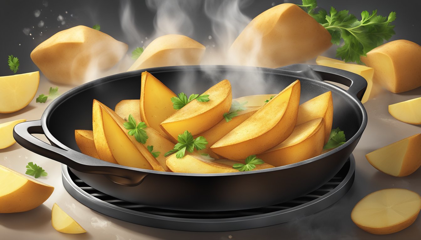 A sizzling skillet of golden potato wedges, seasoned to perfection, surrounded by a halo of steam rising into the air