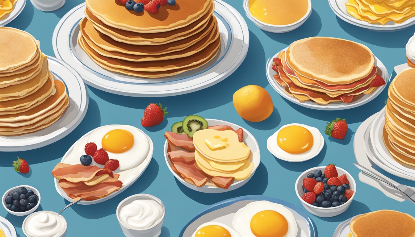 A colorful spread of oversized breakfast dishes at Jack's, including towering stacks of pancakes, heaping plates of eggs and bacon, and overflowing bowls of fruit and yogurt