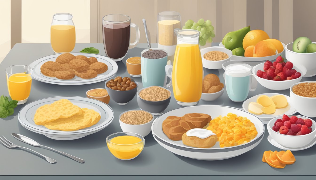 A table set with a variety of breakfast items, including fruits, grains, and proteins, with portion sizes clearly displayed for each item