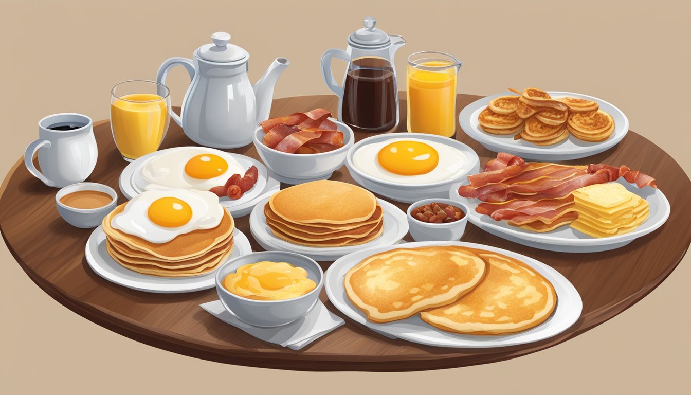 A table set with a variety of breakfast items, from pancakes to eggs and bacon, all served in generous portion sizes at Jack's restaurant