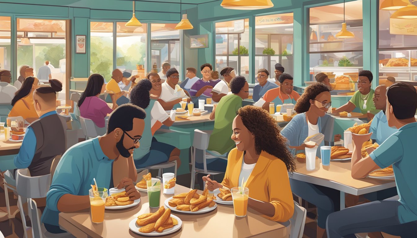 A bustling breakfast diner with diverse customers enjoying Jack's crispy potato wedges