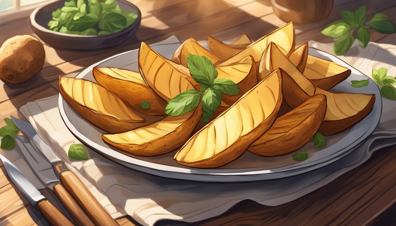 A plate of golden-brown potato wedges with crispy edges, garnished with herbs and spices, sits on a rustic wooden table. Sunlight streams in through a nearby window, casting a warm glow on the dish