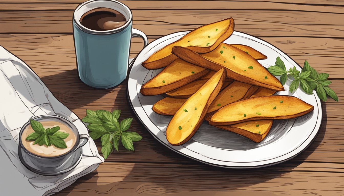 A plate of golden-brown breakfast potato wedges, garnished with herbs and spices, sits next to a steaming cup of coffee on a rustic wooden table