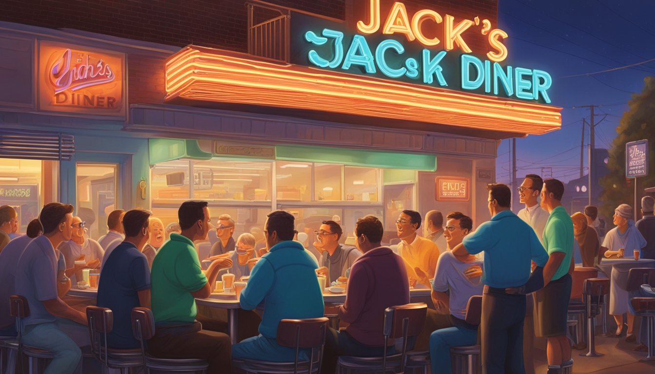 The late-night crowd gathers around Jack's diner, eagerly devouring plates of steaming breakfast food under the warm glow of the neon sign