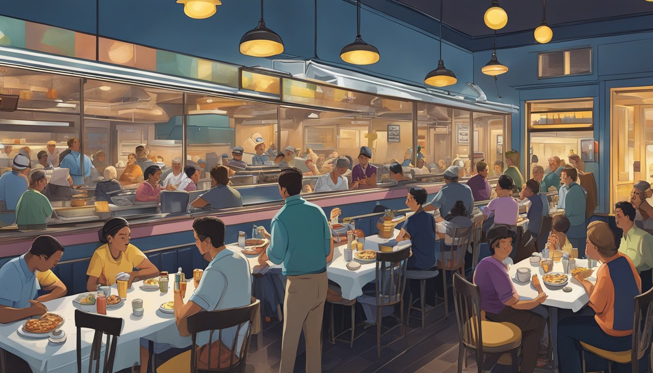 A bustling diner at midnight, with steaming plates of breakfast food being served to a crowd of late-night patrons